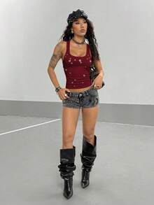 StreetHx Women's Punk Studded Fitted Cropped Sexy Camisole - Burgundy - View 5