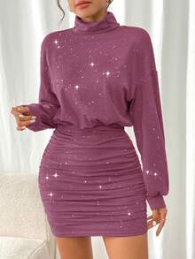 SHEIN Frenchy 女士优雅水钻装饰高领灯笼袖褶皱修身迷你连衣裙，秋季 - 酒紅色 - 查看 3