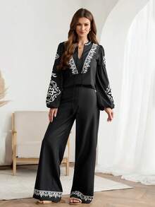 Easowa V领镂空蝴蝶结灯笼袖上衣和侧袋阔腿裤两件套，印花图案，休闲优雅的办公/度假女装，春夏款 - 黑色 - 查看 6
