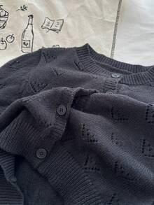 Genkimix Kids Tween Girl Letter Graphic Long Sleeve Single-Breasted Hollow-Out Knit Cardigan And Knit Pleated Mini Skirt Set - Black - View 5