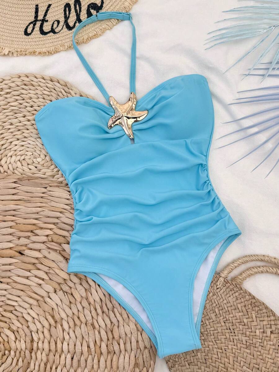 Emery Rose Kids Emery Rose Kids Tween Girls Vacation Style Solid Blue Starfish Deco Halter Swimsuit Beach One Piece Swimwear Beachwear Vacation - Blue - View 1