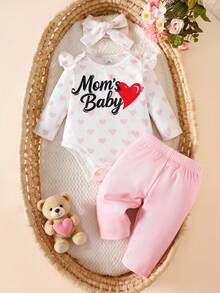 SHEIN 新生儿爱心印花连体衣套装 - 淺粉色 - 查看 4