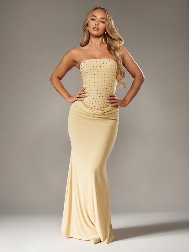 MISSGUIDED Diamante Bandeau Cowl Waist Floor Length Evening Formal Prom Gown Maxi Dress Special Occasion