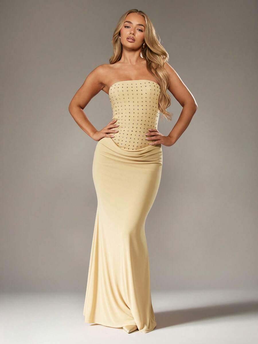 MISSGUIDED Diamante Bandeau Cowl Waist Floor Length Evening Formal Prom Gown Maxi Dress Special Occasion - Cream - View 1