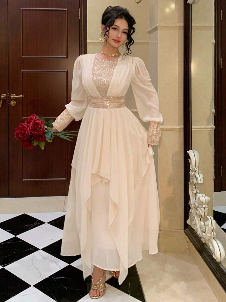 Spring & Summer Shiny Fabric Patchwork Elegant Long Dress, Suitable For Valentine's Day, Wedding, Party, Formal Occasion, Slim Fit, Commuting Maxi Dress Sundress