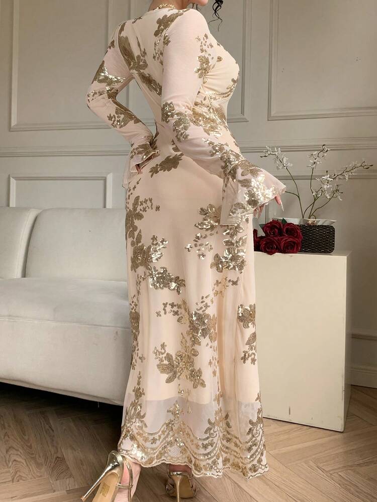 Women's Elegant Floral Sequin V-Neck Flare Sleeve Dress, Spring/Summer Wedding Guest Dress Sundress