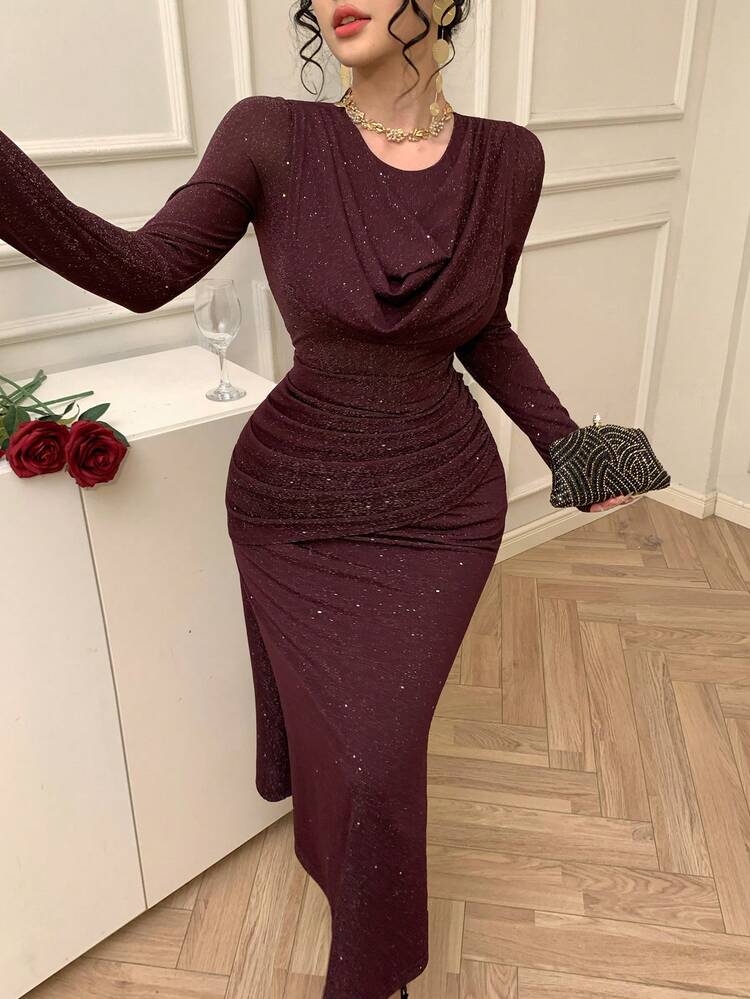 Spring & Summer Shiny Sequin Purple Formal Dress, Elegant Mermaid Hem Cocktail Gown With Mesh Panels, Suitable For Valentine's Day, Wedding, Party, Commute Wedding Guest Dress Sundress