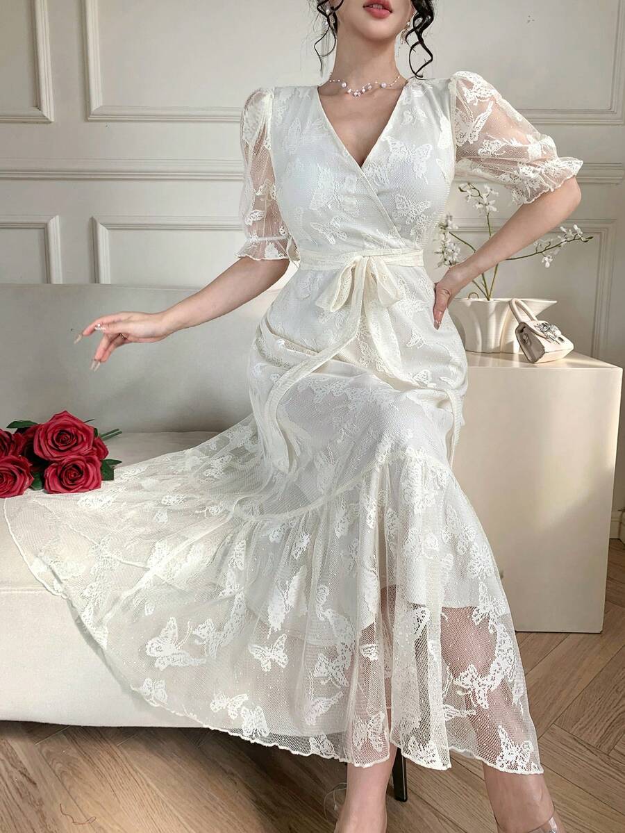 DAZY 女士优雅蕾丝V领系带中长连衣裙，夏季 - 米色 - 查看 1