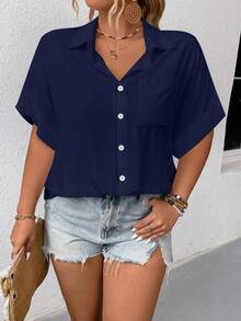 Elenzga Plus Size Solid Color Turndown Collar Front Button Casual Short Sleeve Shirt - Navy Blue - View 3