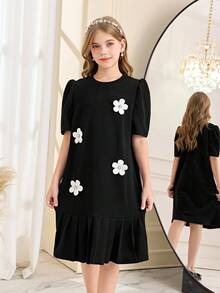 Girls' Sweet & Cool Dress, Black 3D Floral Decor, Short Sleeve Pleated Hem, Spring/Autumn Fashion Patchwork, Cute Outfit For Daily, Party, Outing - Black - View 3