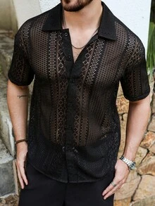 Manfinity RSRT Chemise à manches courtes sexy et transparente avec boutons devant pour hommes, couleur unie