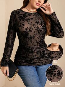 Comfylo 大码新款秋冬休闲黑色圆领T恤，适合身材丰满的女性，弹性舒适，百搭，圣诞节T恤 - 黑色 - 查看 1