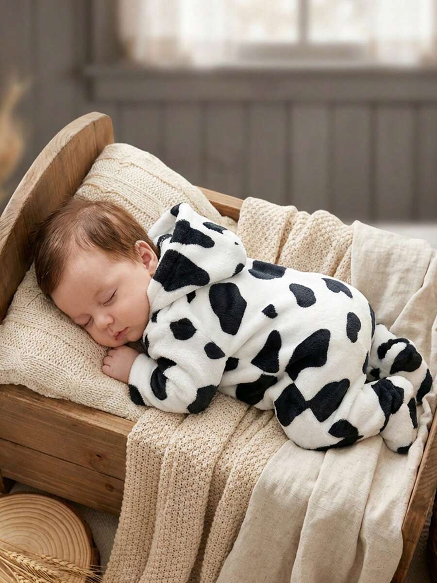 SHEIN Baby Girl Cow Print Fleece Long Sleeve Hooded Jumpsuit Pajamas - Black and White - View 1
