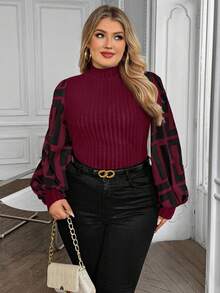 SHEIN Clasi 女士大码度假修身拼接衬衫 - 酒紅色 - 查看 3