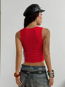 StreetHx Women's Street Style Rhinestone Embellished Square Neck Cropped Camisole - Red - View 2