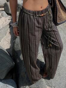 Livesso Striped Woven Waist Belt Casual Women Pants - Coffee Brown - View 4