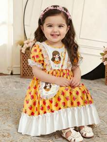 Baby Girl Yellow Summer Cute Family Matching Middle Eastern Traditional Short Puff Sleeve Lace Trim Princess Party Midi Dress With Sling Bag Abaya - Multicolor - View 3