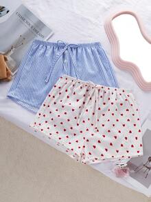 SHEIN 女士两件套睡衣套装 - 泡泡条纹爱心印花短裤，带仿纽扣，休闲款 - 彩色 - 查看 1