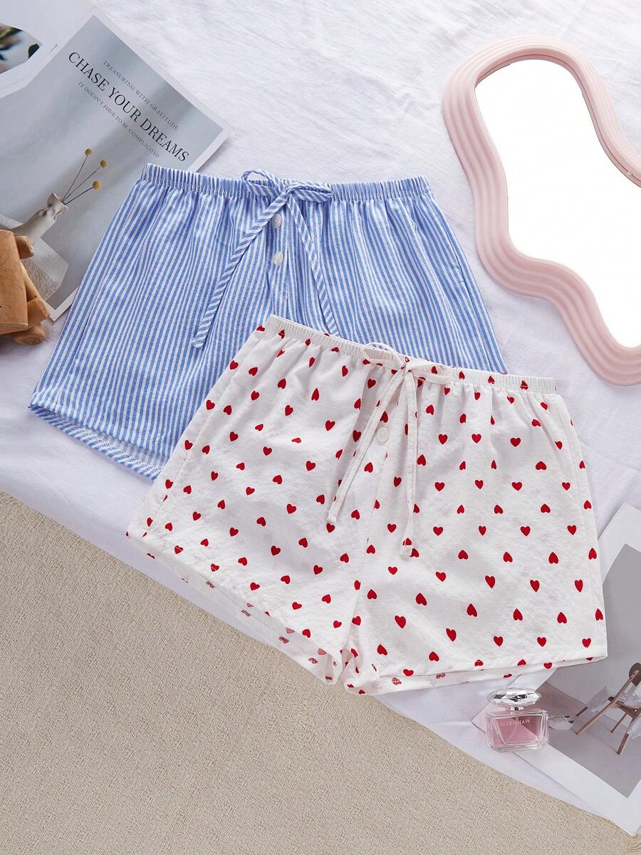 SHEIN 女士两件套睡衣套装 - 泡泡条纹爱心印花短裤，带仿纽扣，休闲款 - 彩色 - 查看 1