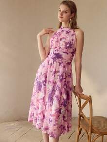 MOTF PREMIUM 全身印花褶皱腰部荷叶边露背连衣裙，女士套装 - 彩色 - 查看 5