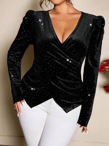 EMERY ROSE 加大码黑色天鹅绒水钻装饰不规则V领长袖T恤 - 黑色 - 查看 3
