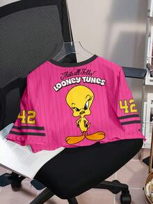 LOONEY TUNES X SHEIN Áo thun ngắn tay nữ họa tiết hoạt hình kẻ sọc, kiểu dáng thường ngày, thích hợp cho mùa hè. - trắng - Xem 2