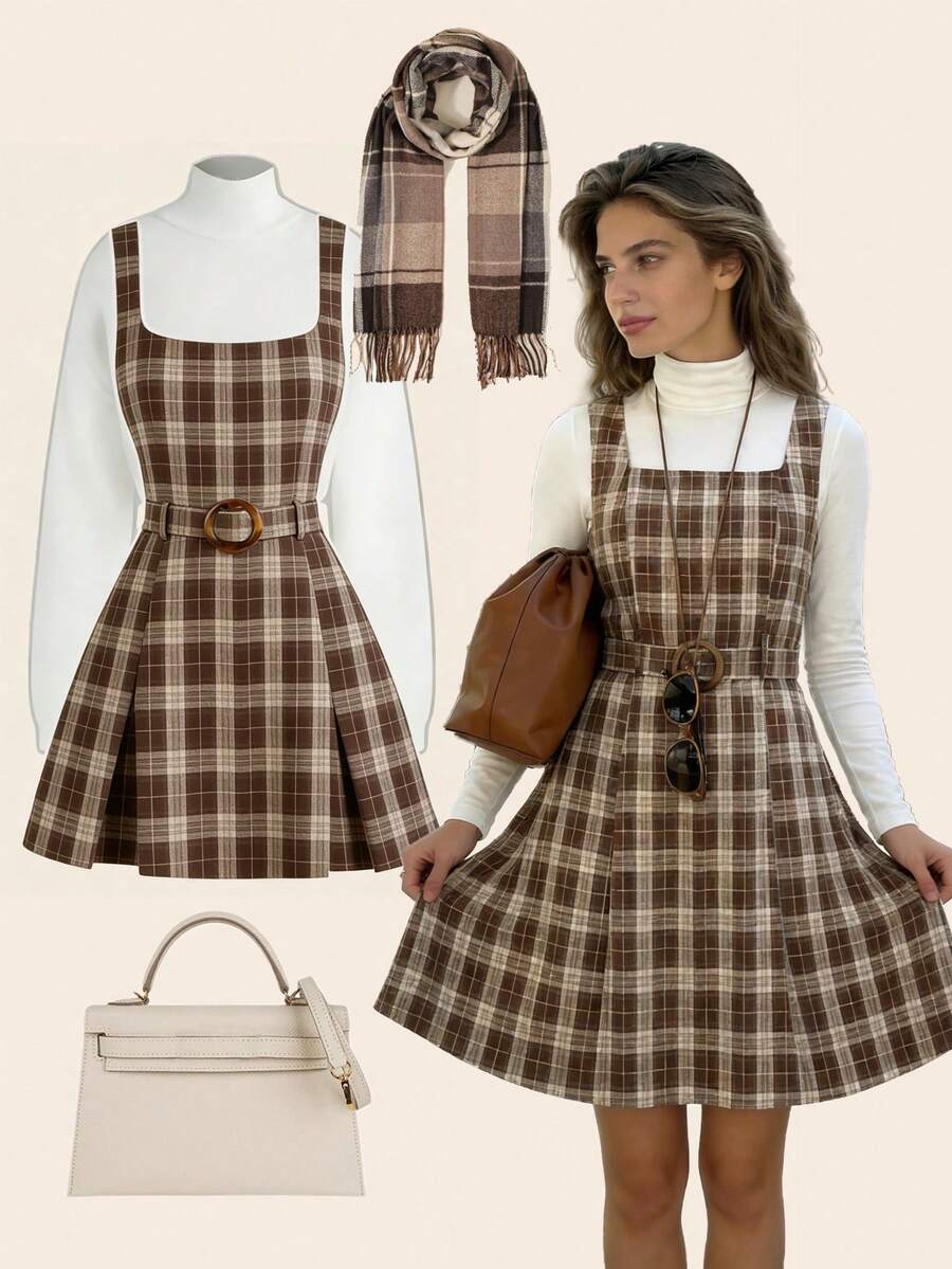 Rafferiza Vestido mini de 2 en 1 con cinturón a cuadros para mujer 2025 - Versátil para la oficina y las vacaciones con detalles de botones - Multicolor - Ver 1