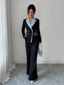 Elenzga Women's New Elegant Color Block High-End Blazer Jacket & Flared Pants 2 Pieces Suit Set, Suitable For Business, Commute, And Daily Office Wear - Blue - View 6