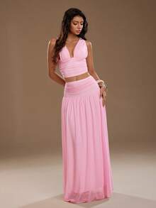 SHEIN Unity 女士优雅V领吊带背心和高腰网纱裙两件套，春夏款 - 粉色 - 查看 4