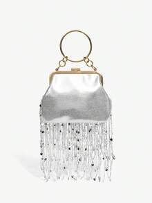 SHEIN SXY Red Clutch Bag For Women, Fashion Minimalist Design, Customizable, Classic Versatile, Faux Feather Decor, Bright Pink, Suitable For Cocktail Party, Party, Prom, Club, Date, Birthday, Formal Dinner, Valentine's Day, New Year - Silver - View 4