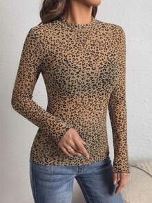 SHEIN PETITE CURVE 大码女式豹纹透视圆领长袖上衣 - 卡其色 - 查看 3