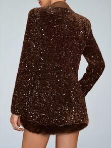 Aveloria Modichic Stylish Design Loose Sequin Fabric Patchwork Blazer Jacket  - Brown - View 2