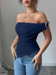 Rafferiza Women's Elegant Asymmetric Hem One Shoulder Fitted Blouse,Summer Navy Blue Top,Party Night Strapless Off Shoulder Plus T Shirt,Royal Blue Decorate - Navy Blue - View 4
