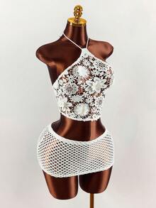 Amplova Bộ đồ 2 mảnh dành cho nữ, màu trơn, họa tiết thêu, kiểu cổ yếm hở lưng và chân váy ngắn xuyên thấu gợi cảm. - Màu be - Xem 4