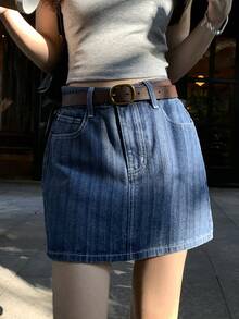 DAZY 女士条纹休闲牛仔迷你裙，韩式街头风，春夏款 - 藍色 - 查看 5