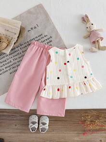 SHEIN 2pcs/Set Baby Girl Casual Cute Bow Sleeveless Top And Pants Set - Pink - View 2