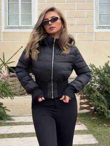 Jeta Ari Zip Up Fuzzy Trim Hooded Crop Puffer Black Coat In Fall/Winter - Black - View 6