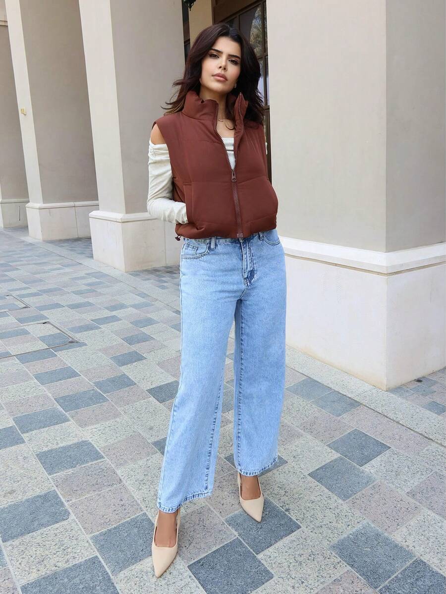 Hindelle 女士休闲纯色短款加垫背心，秋冬款 - 棕色 - 查看 1