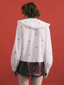 Poéselle 女士爱心印花彼得潘领长袖单排扣可爱衬衫，优雅休闲女式衬衫，情人节礼物，女士外出上衣，春夏款 - 白色 - 查看 8