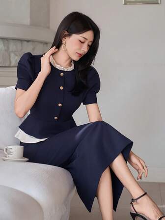 DAZY Women's Elegant Contrast Color Patchwork Frill Trim Stand Collar Blouse And Straight Skirt 2 Pieces Set, Summer
