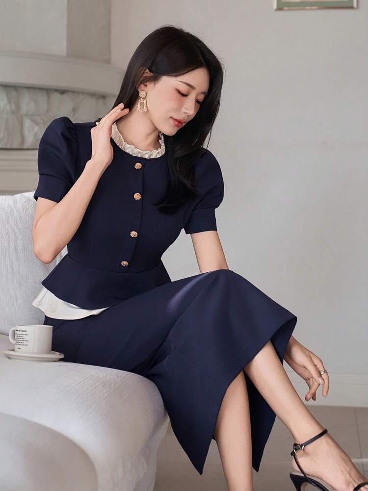Women's Elegant Contrast Color Patchwork Frill Trim Stand Collar Blouse And Straight Skirt 2 Pieces Set, Summer