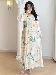 Yasmyna Al-Adha Elegant Ivory Floral Abaya Dress For Women,Long Sleeve V-Neck Modest Maxi With Lace Cuffs,Floral Print Tassel Turkish Arabic Long Robe - Multicolor - View 7