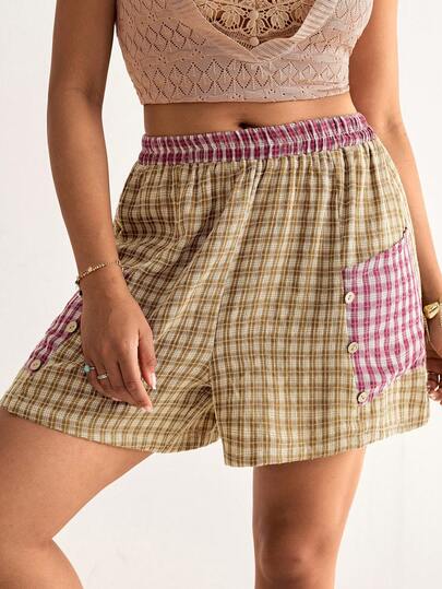 Freevana Plus Size Boho Casual Country Holiday Style Patchwork Embroidery Checkered Loose High Waist Shorts