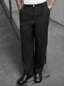 Manfinity CasualCool 男士休闲畅销新款长裤，白色线条装饰，INS风搭配，四季皆宜，日常百搭，休闲运动裤，拍照必备，送给男友/老公的必备礼物，男士休闲，Y2K风格 - 黑色 - 查看 5