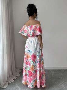 Elenzga Đầm nghỉ mát nữ kiểu dáng xòe, trễ vai, thắt eo, xếp ly. - Hồng - Xem 2