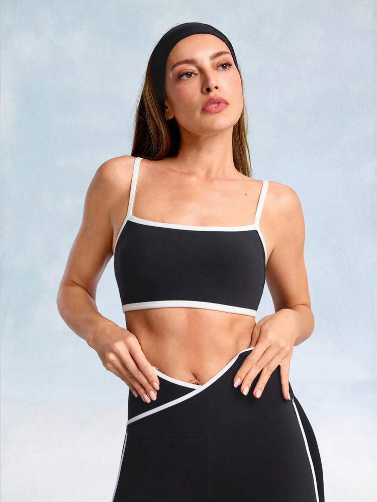 FeatherFit™ Big Win Removable Cups Contrast Color Trim Sports Bra Low Impact Yoga Pilates Studio Daily Casual Wear