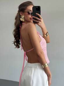 Aloruh Stylish Pink Woven Fabric Halter Top For Women With Cold Shoulder Detail And Knot Asymmetrical Hem - Pink - View 3