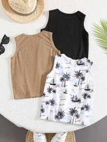 3件套男童休闲度假风棕榈树印花无袖宽松针织背心套装，适合上学、度假、春夏季穿着 - 駝色 - 查看 2