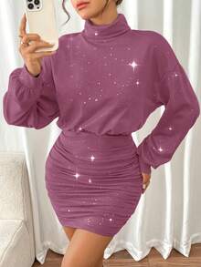 SHEIN Frenchy 女士优雅水钻装饰高领灯笼袖褶皱修身迷你连衣裙，秋季 - 酒紅色 - 查看 5