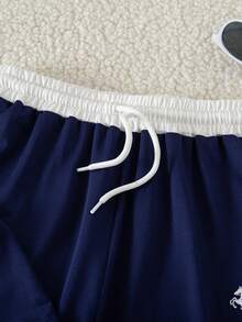 SHEIN 2pcs Tween Girls Navy Blue Summer Casual School Back-To-School Set:V-Neck White Collar Cropped Top&Horse Embroidery Contrast Waist Wide Leg Pants - Blue and White - View 6